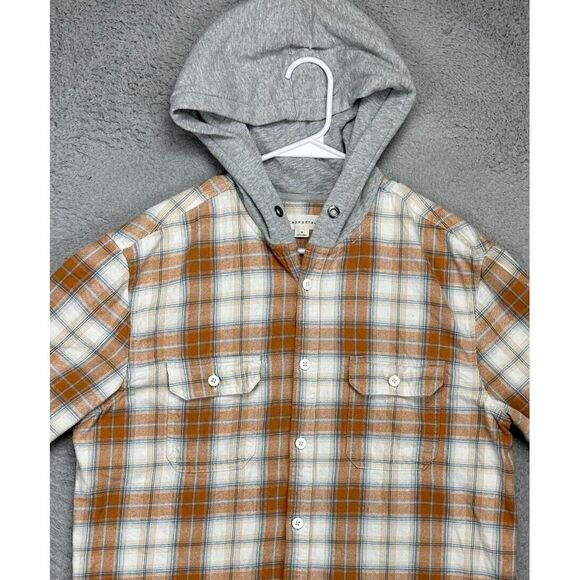 Aeropostale Shirt Mens Medium Orange Plaid Hoodie Flannel Button Up Flap Pockets - Picture 1 of 10